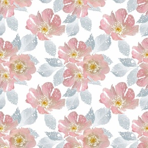 Peach blossoms with grey leaves on a white background. Delicate watercolor floral pattern.