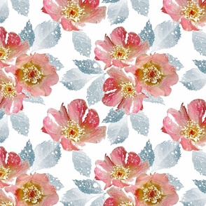 Pink-red flowers with gray leaves on a white background. Delicate watercolor floral pattern.