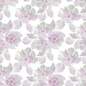 Pink-lilac flowers with gray leaves on a white background. Delicate watercolor floral pattern.