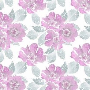 Pink flowers with grey leaves on a white background. Delicate watercolor floral pattern.