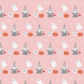 Mini - Cute Geometric Halloween Wizard, Ghost, Skull, Pumpkin, Mushroom & Cobwebs - Rose Blush Pink