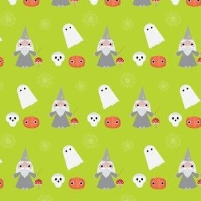 Mini - Cute Geometric Halloween Wizard, Ghost, Skull, Pumpkin, Mushroom & Cobwebs - Lime Green