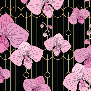 Pink Moth Orchids with Geometric Black Art Deco Gold Stripes & Circles - Fuchsia Pink & Black