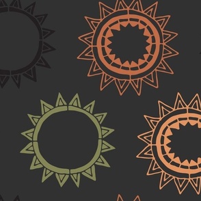 Large - Dark & Witchy, Geometric Whimsigoth Stylised Sun & Stars - Orange, Black, Green & Charcoal