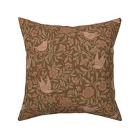 (M)BlockPrint-Garden of birds-Vintage Flower- Classic Floral-Victorian-Brown