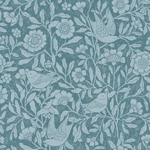 (M)BlockPrint-Garden of birds-Vintage Flower- Classic Floral-Victorian-Monochrome Deep Blue