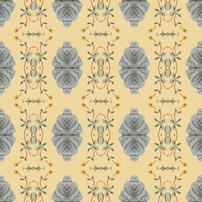 Bella Bouquet Damask Floral Stripe in Country Cream, Blue and Grey