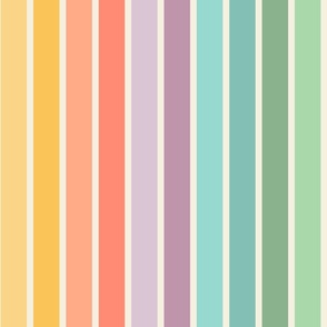 Wide-broad-vertical-rainbow-stripes-in-muted-vintage-colours-on-beige-XL-jumbo