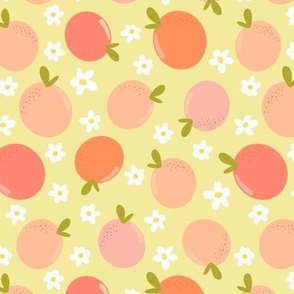 Peaches and flowers on light yellow