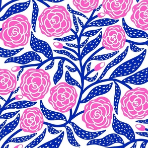 Pink Blooming Roses with Large Spotty Blue Leaves on a White Background  