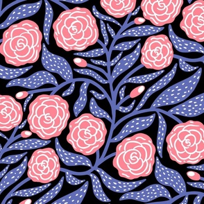 Rose Garden: Pink Blooming Roses with Large Spotty Blue Leaves on a black Background  