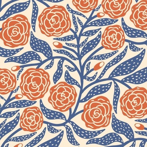 Rose Garden: Orange Blooming Roses with Large Spotty Blue Leaves on a Cream Background  