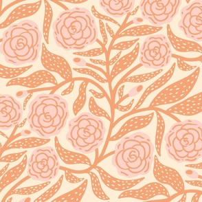 Rose Garden: Pink Blooming Roses with Large Spotty Muted Orange Leaves on a Cream Background  