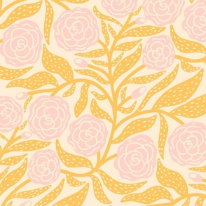 Rose Garden: Pink Blooming Roses with Large Spotty Yellow Leaves on a Cream Background  