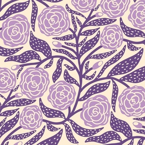 Purple Blooming Roses with Large Spotty Purple Leaves on a cream Background   