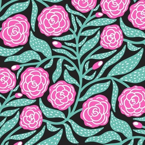 Rose Garden: Pink Blooming Roses with Large Spotty Green Leaves on a black Background 
