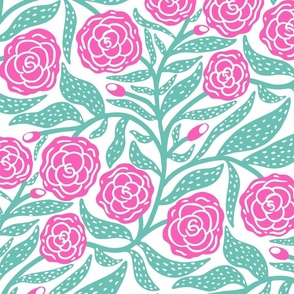 Rose Garden: Pink Blooming Roses with Large Spotty Green Leaves on a white Background  