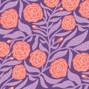 Rose Garden: Coral Blooming Roses with Large Spotty Purple Leaves on a Deep Purple Background 
