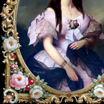 2 Victorian princess inspired gold bracelets roses bow ribbon off shoulder pink dress gowns fairy tales gold frame baroque  maroon long brown hair  white roses buds acanthus swirls filigree puffy sleeves oval border frame floral lace ornate beauty 19th ce