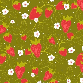 Strawberries and Blossoms on a Green Background