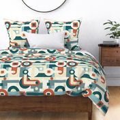 (L) Geometric, Circles and Squares, Neutral Design / Toned Blue Shades / Large Scale