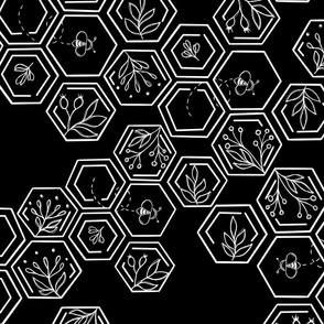 Black and white honeycomb on midnight black background