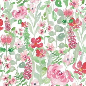 Pink watercolor flowers & green leaves_white background
