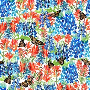 Bluebonnets Indian Paintbrush w Butterflies White 