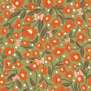 Spring Flowers and Butterflies_Olive_Orange_Peach