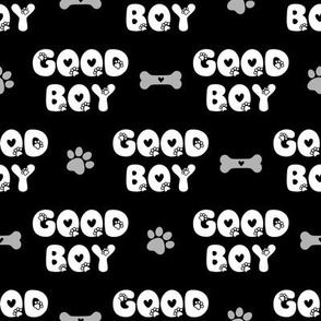Bigger Good Boy Dog Paw Prints and Bones Black White Grey
