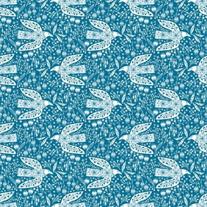 Small Doves And Flowers White on Teal Green