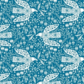 M Doves And Flowers White on Teal Green