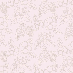 Block Print Camelias - Boho Tossed Floral - Solid Colors Flowers and Foliage - Taupe Flowers Outline - Baby Pink Background - Medium Scale