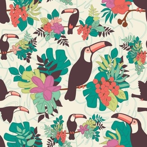 Toucans  - Colorful Tropical Flowers  - Jungle - Medium scale - Ivory Background