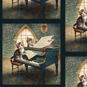 kittens playing piano vintage children's book style