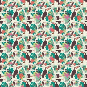 Toucans and Tropical flowers and Plants  - Small scale - Ivory background