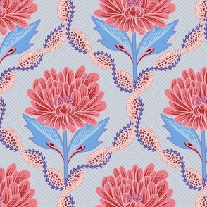 Pink color pops of graphical peony flowers on elaborated soft blue backdrop  - mid size .
