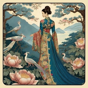 asian woman in garden with birds