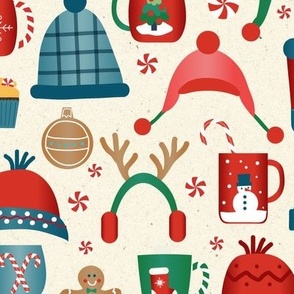 Cozy Winter Hats-Mugs-Gingerbread-Candy Canes on Faux Paper Texture Medium Scale