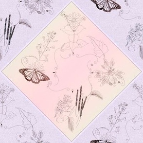 8x8-Inch Repeat of Butterfly with Plants - Variation 01 Lavender and Peach