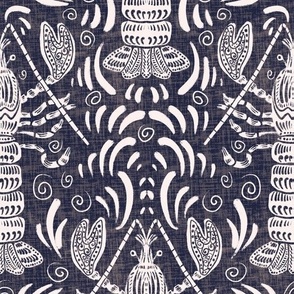 Seamless pattern with lobsters and water splashes, swirls, symmetrical ornament with linen texture 5