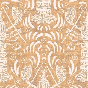 Seamless pattern with lobsters and water splashes, swirls, symmetrical ornament with linen texture 4