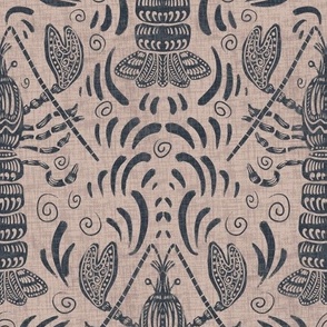 Seamless pattern with lobsters and water splashes, swirls, symmetrical ornament with linen texture 3