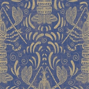 Seamless pattern with lobsters and water splashes, swirls, symmetrical ornament with linen texture 1