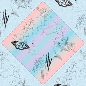 8x8-Inch Repeat of Butterfly with Plants - Variation 02 Blue and Peach