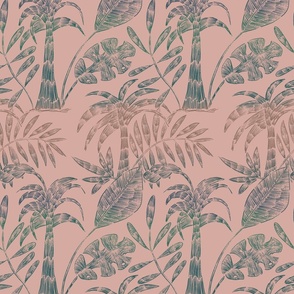 Seamless pattern with tropical plants, palm trees, monstera, tropical leaves, banana leaves  2