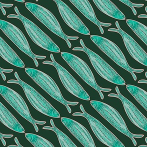 Green Fishes on Dark Green with Light Pink Outline - Sardines