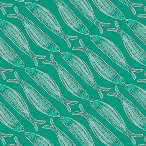 Painterly Sardines - Fish on Teal Green Background with Pink Accents