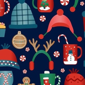 Cozy Winter Hats-Mugs-Gingerbread-Candy Canes on Navy Medium Scale