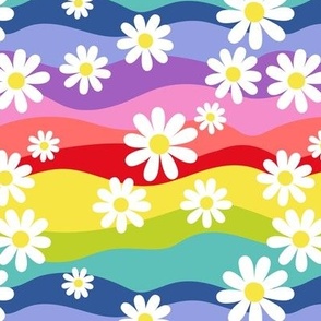 Rainbow Waves and Daisies - LGBTQ+ colorful summer theme queer flag colors 